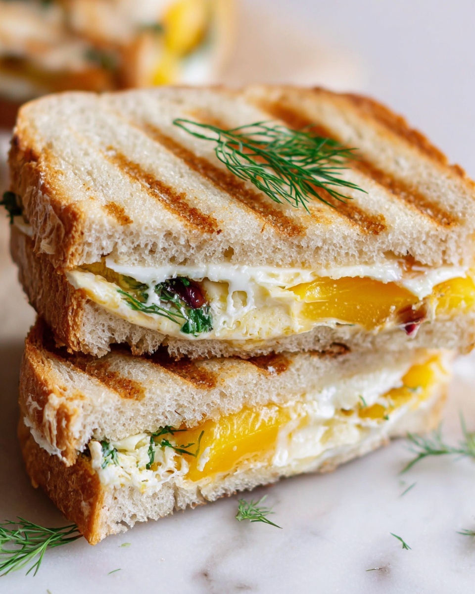The image shows a close-up of a grilled sandwich cut in half and stacked slightly on a white marbled surface. The sandwich has two layers of light golden brown toasted white bread with fine grill lines. Inside, there are three visible layers of filling: a creamy melted white cheese layer, a bright yellow layer that looks like cooked or roasted fruit or vegetable, and fresh green dill leaves with a small bit of reddish-brown ingredient. Some dill leaves are also placed on top of the sandwich halves. The overall look is fresh and warm, with soft melting cheese peeking out. Photo taken with an iphone --ar 4:5 --v 7