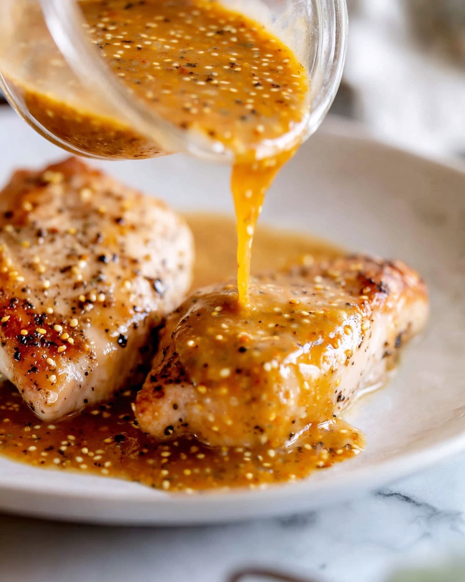 The image shows a close-up of two cooked chicken pieces placed on a white plate resting on a white marbled surface. The chicken has a golden-brown color with visible black pepper seasoning on the surface. A woman's hand is pouring a thick, orange-brown sauce with visible mustard seeds and herbs over the chicken from a clear glass container, adding texture and shine to the dish. photo taken with an iphone --ar 4:5 --v 7