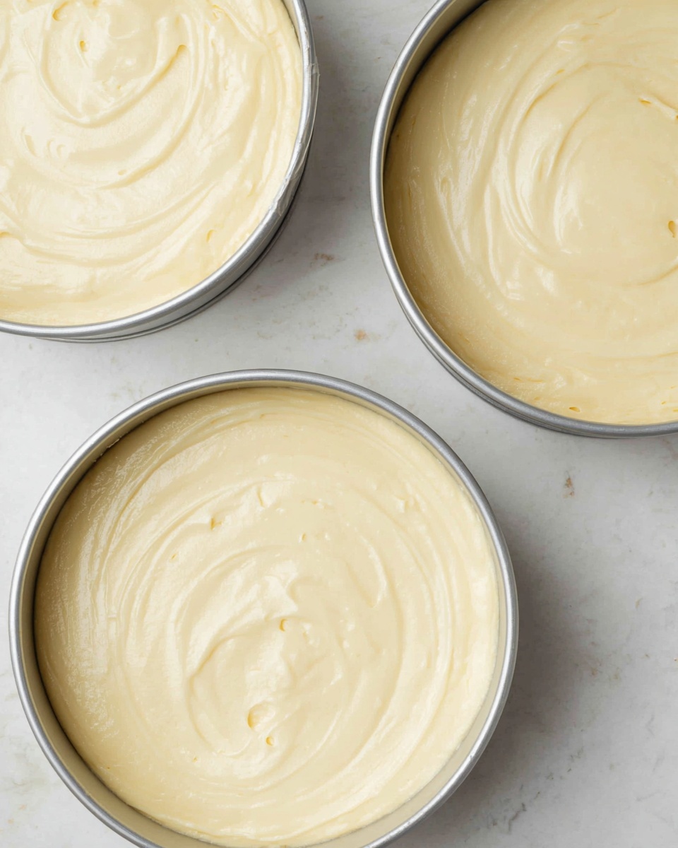 The image shows three round cake pans filled with smooth, pale yellow batter. Each pan is viewed from above, with the batter spread evenly inside and showing soft swirls and gentle peaks on the surface. The pans are metallic and placed on a white marbled surface. The batter looks creamy and thick, filling each pan nearly to the top but not overflowing. The arrangement shows one pan mostly visible at the center and two more pans partially seen at the top and bottom edges of the image. photo taken with an iphone --ar 4:5 --v 7
