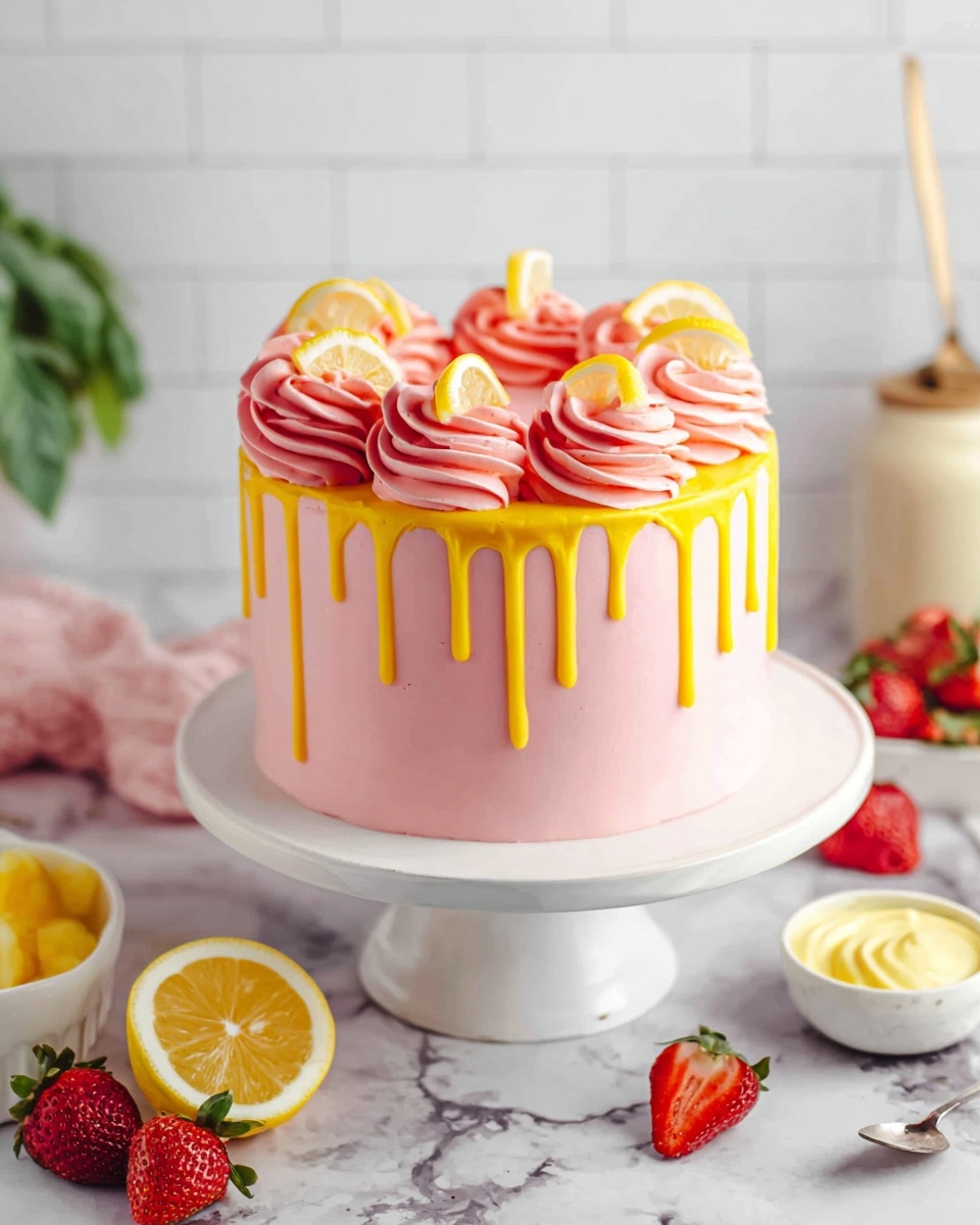 A two-layer round cake with smooth pink frosting covers the body, topped with thick pink swirls that form a ring around the edge. Bright yellow drips flow from the top edge down the cake’s sides evenly. Each pink swirl is decorated with a small wedge of lemon standing upright. The cake sits on a white cake stand against a white marbled surface, with strawberries, lemon halves, a bowl of yellow cream with a spoon, and green leaves in the blurred background. Photo taken with an iphone --ar 4:5 --v 7