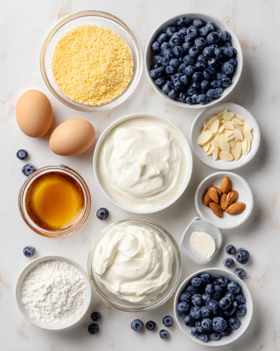 The image shows small white bowls and two whole eggs arranged on a white marbled surface. There is a clear bowl filled with golden-yellow crumbs near a bowl of thick white cream. A bowl of fresh blueberries is nearby along with a small bowl of honey. Next, small bowls contain sliced almonds, white sugar, and vanilla extract. There are piles of fresh blueberries and slivered almonds placed on the surface. A larger bowl of whipped cream and a smaller bowl with a white powder ingredient are also present. The photo is clean and bright, with a neat layout, photo taken with an iphone --ar 4:5 --v 7