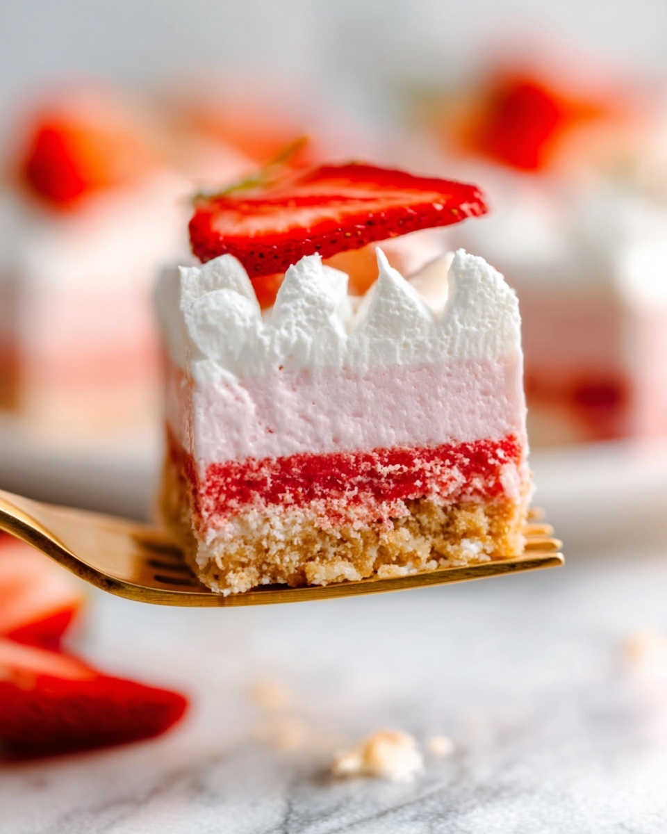 The image shows a close-up of a golden fork holding a piece of layered dessert above a white marbled surface. The dessert has three layers: a crumbly light brown bottom layer, a thick smooth pink middle layer, and a fluffy white top layer with small soft peaks. On top of the white layer, there is a bright red slice of strawberry adding a fresh touch. The background is softly blurred with hints of more strawberries and white shapes, giving a light and fresh feeling. photo taken with an iphone --ar 4:5 --v 7
