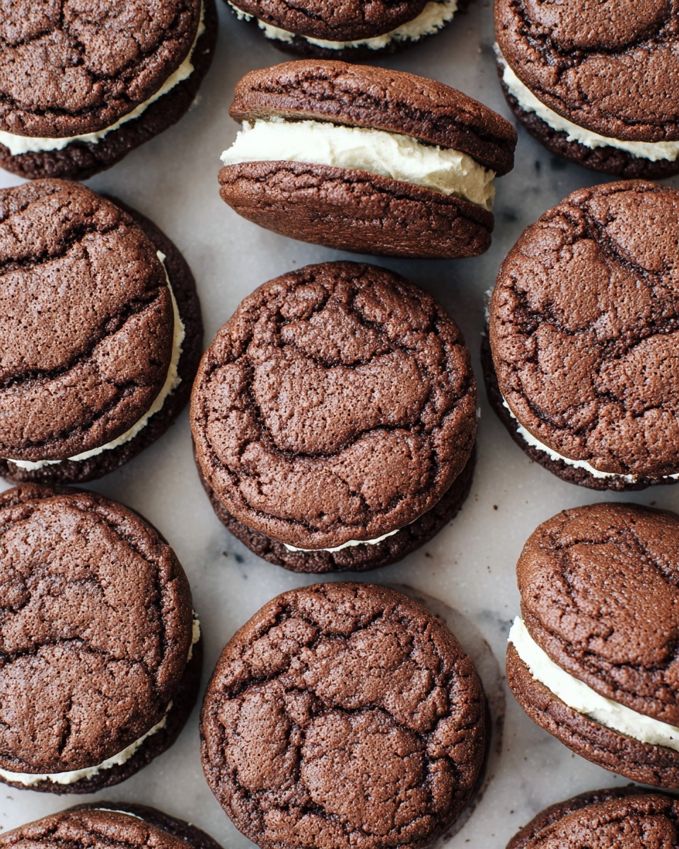 Nine chocolate sandwich cookies are shown close up, each with two thick dark brown cracked chocolate cookie layers with a soft texture and a creamy white filling layer in the middle. The cookies are arranged closely together on a slightly visible surface beneath that is changed to a white marbled texture. The cookies have a round shape with an uneven, crinkled top. Photo taken with an iphone --ar 4:5 --v 7