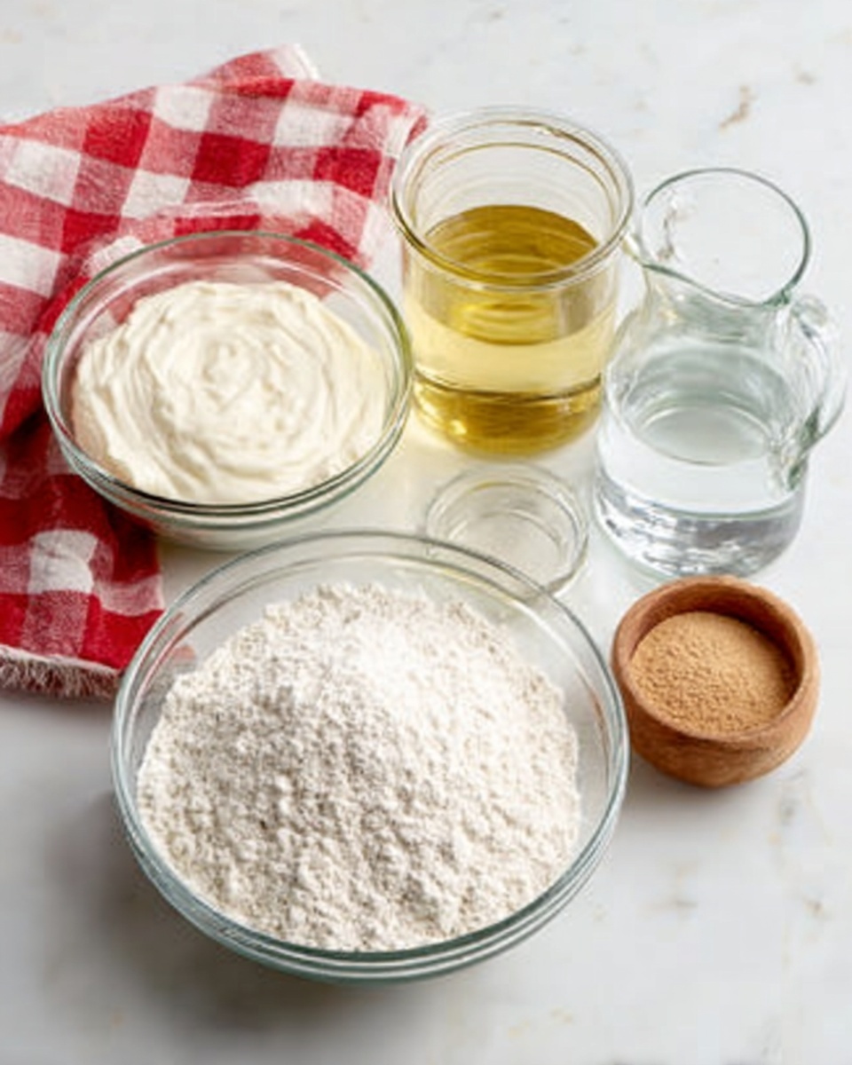 The image shows a white marbled surface with several clear glass bowls and jars containing baking ingredients arranged neatly. At the front, there is a large clear bowl filled to the top with white flour. Behind it to the left is a smaller clear bowl with thick white cream. To the right of the cream, there is a small jar filled with light golden oil, and next to it, a small glass pitcher holding clear water. In the center, there is a small wooden bowl containing a light brown powder, possibly cinnamon. The background has a red and white checkered cloth partially visible. photo taken with an iphone --ar 4:5 --v 7
