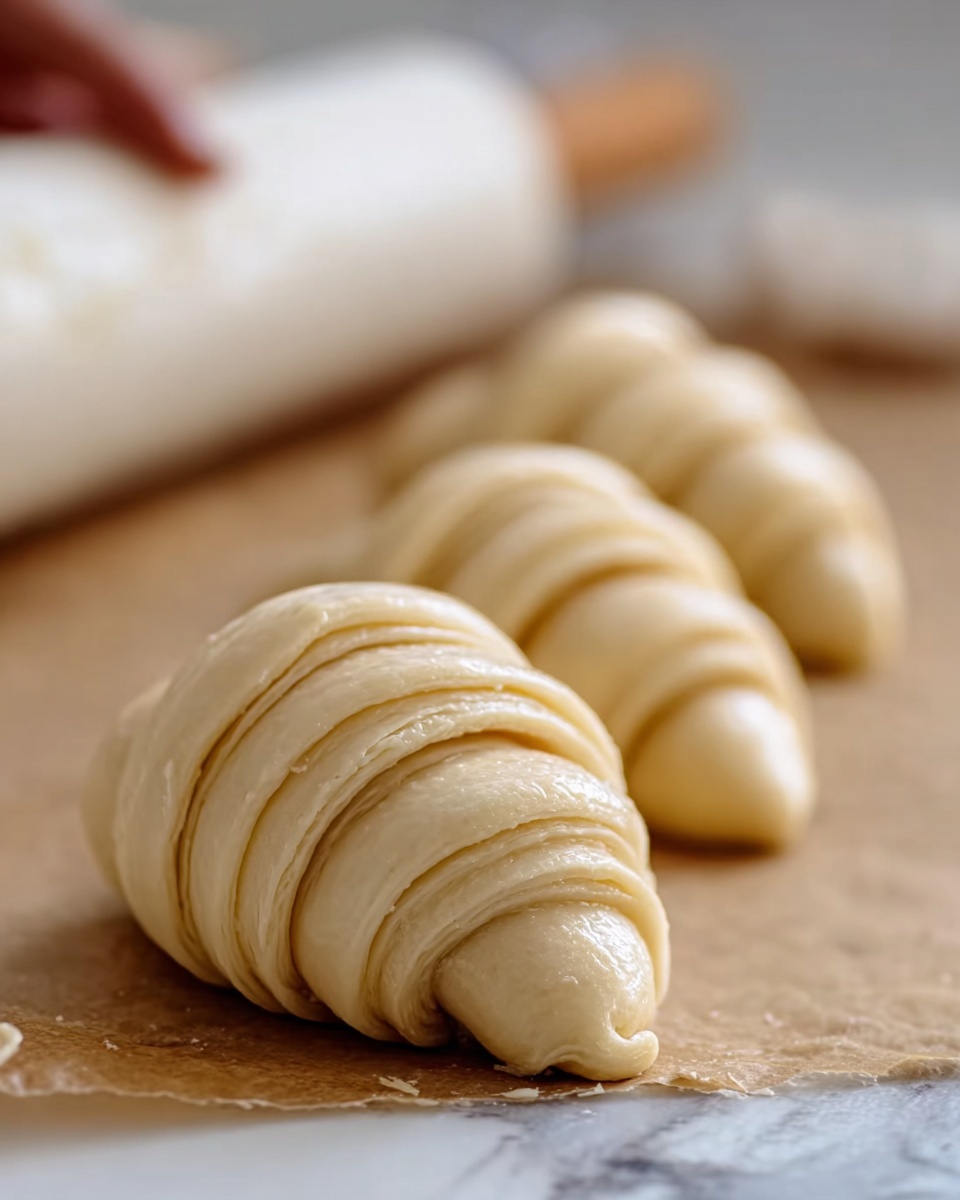 The image shows three raw croissants placed on a light brown baking paper with slight wrinkles. Each croissant has multiple thin, smooth layers rolled tightly in a spiral, and their dough is pale cream-colored and shiny. In the background, a white rolling pin is slightly blurred and a woman's hand appears to be resting near it. The whole setting is on a white marbled surface. Photo taken with an iphone --ar 4:5 --v 7