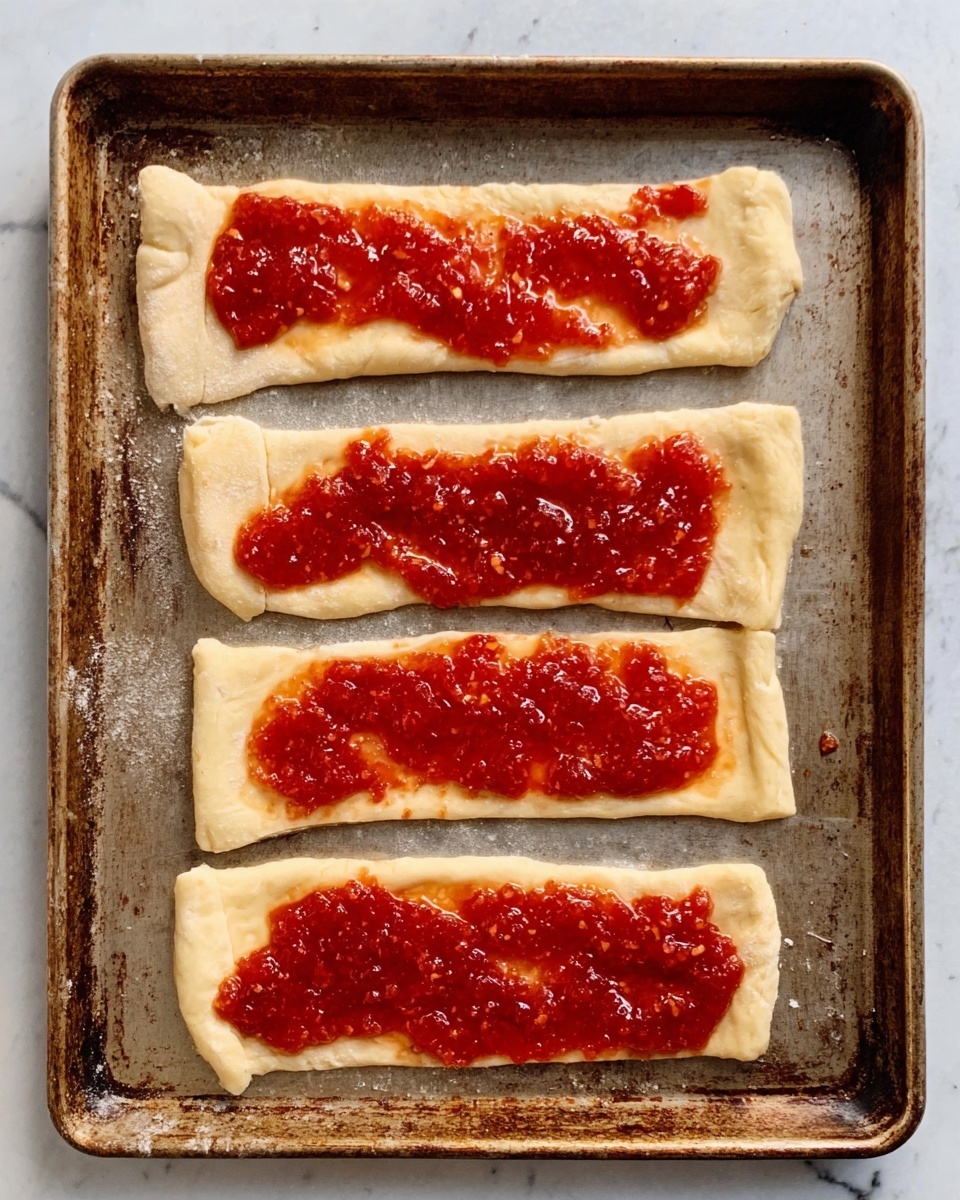 The image shows five rectangular pieces of dough laid out on a baking tray with a worn metal texture. Each dough piece is topped with a bright red, chunky spread that looks shiny and slightly thick. The spread covers the top layer unevenly, with some edges of dough still visible. The dough is pale yellow and smooth with slight folds and rough edges. The background beneath the tray is a white marbled texture. Photo taken with an iphone --ar 4:5 --v 7