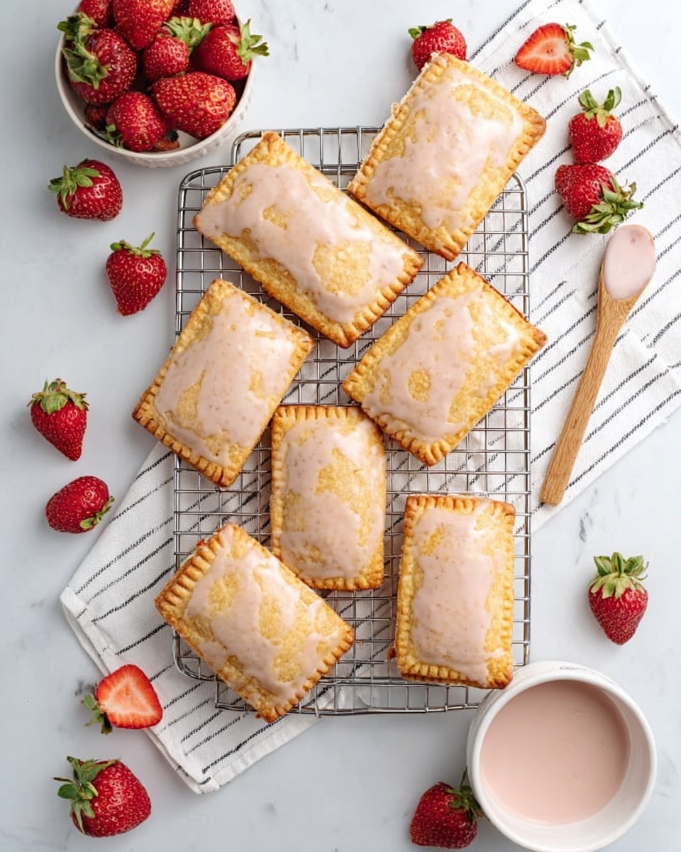 The image shows a white marbled surface with a cooling rack holding nine rectangular pastries. The pastries have a golden-brown color with slightly crimped edges and a smooth, light pink glaze on top. Around the rack, there are several whole and sliced fresh strawberries, with a small white bowl full of strawberries near the top left corner. To the right side, there is a small white bowl filled with more light pink glaze, accompanied by a small wooden spoon resting nearby. The setup is bright and fresh, with a clean white cloth featuring thin black lines placed in the top right corner. photo taken with an iphone --ar 4:5 --v 7