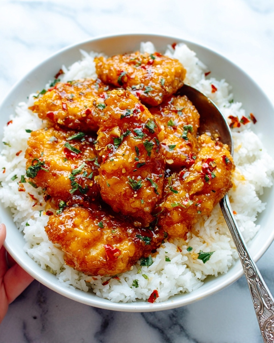 The image shows a white bowl filled with plain white rice that looks soft and slightly sticky, forming a base layer. On top, there are several pieces of golden-brown fried chicken coated in a sticky, shiny sauce with small red chili flakes and green herbs sprinkled over it. The chicken pieces have a crispy texture visible beneath the sauce. The bowl is placed on a white marbled surface, and a woman's hand is holding a spoon near the bowl. photo taken with an iphone --ar 4:5 --v 7