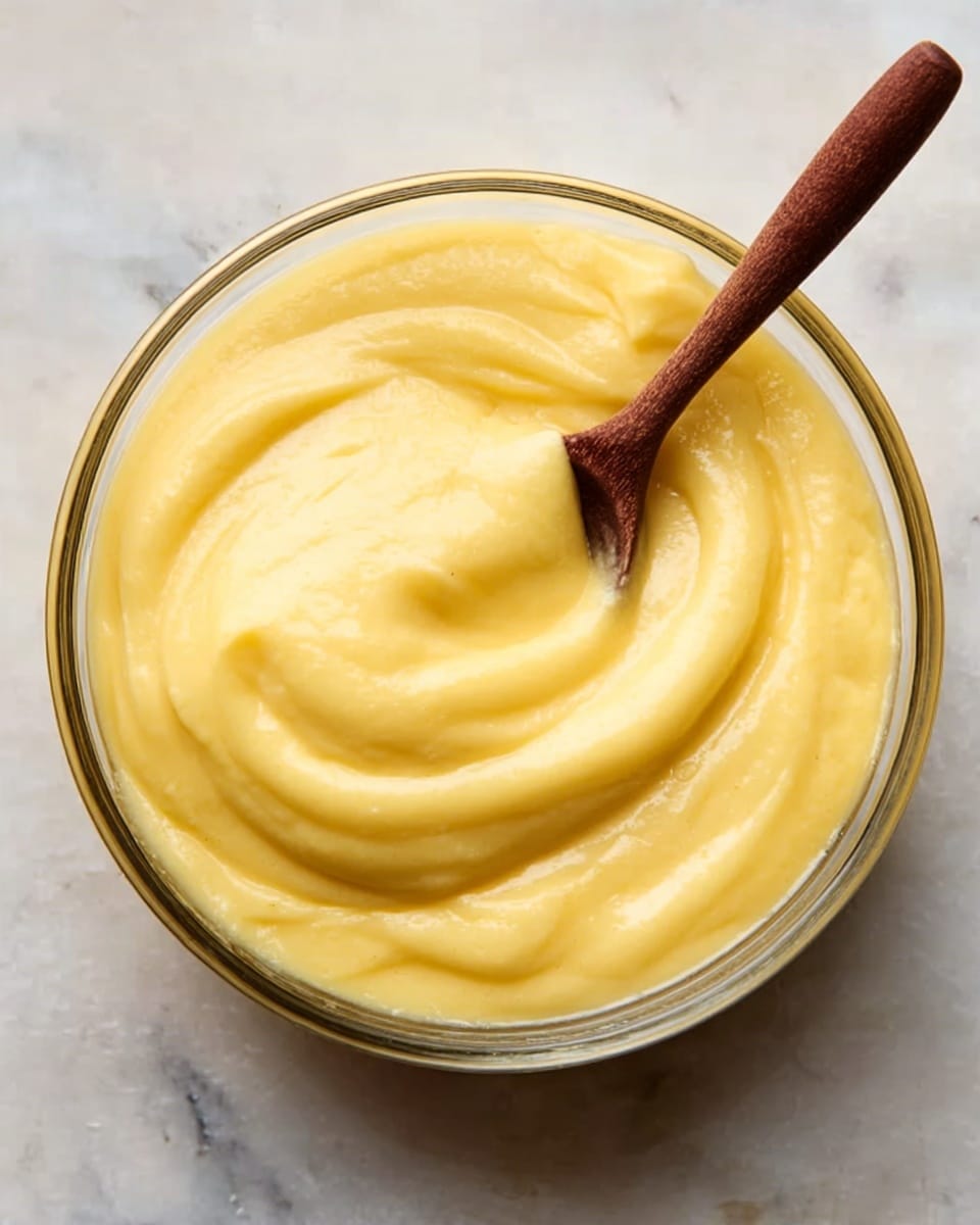 A clear glass bowl filled with smooth, creamy yellow custard that looks thick and soft. Inside the bowl is a dark brown wooden spoon with a rounded tip, partially dipped into the custard, showing gentle swirls and folds on the surface. The bowl sits on a white marbled texture background, highlighting the bright yellow color of the custard. photo taken with an iphone --ar 4:5 --v 7