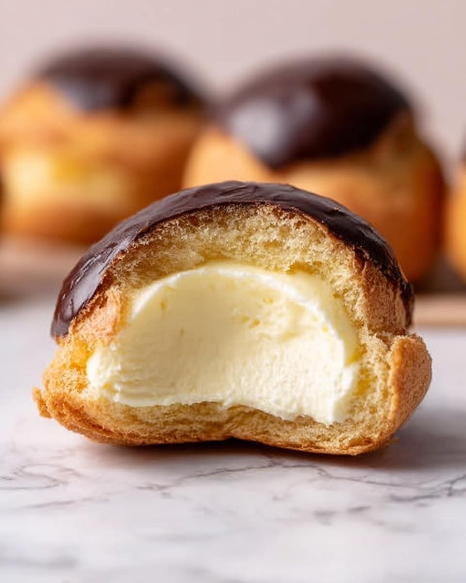 A close-up of a single cream puff with a golden brown outer shell and a rich, smooth cream filling inside. The puff is cut in half horizontally, showing its thick, creamy white inside that looks soft and silky. The top of the puff has a dark chocolate coating, slightly shiny, covering the dome shape. The cream puff sits on a white marbled surface, with a blurred image of more cream puffs in the background. The photo taken with an iphone --ar 4:5 --v 7