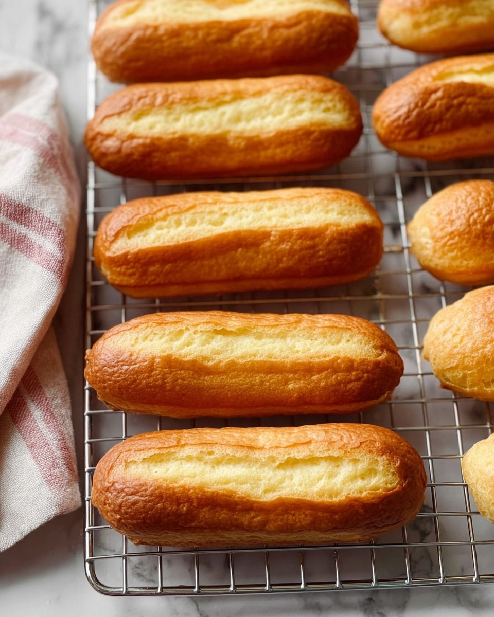 The image shows a metal cooling rack placed on a white marbled surface with ten golden brown éclairs arranged in three rows, with some round choux pastries on the right side. The éclairs have a smooth, slightly cracked texture on top, with a light golden hue that fades into darker golden brown edges. There is a beige cloth with subtle light pink stripes draped on the left edge of the rack. The lighting highlights the shiny, slightly crispy surface of the pastries, making them look freshly baked. photo taken with an iphone --ar 4:5 --v 7