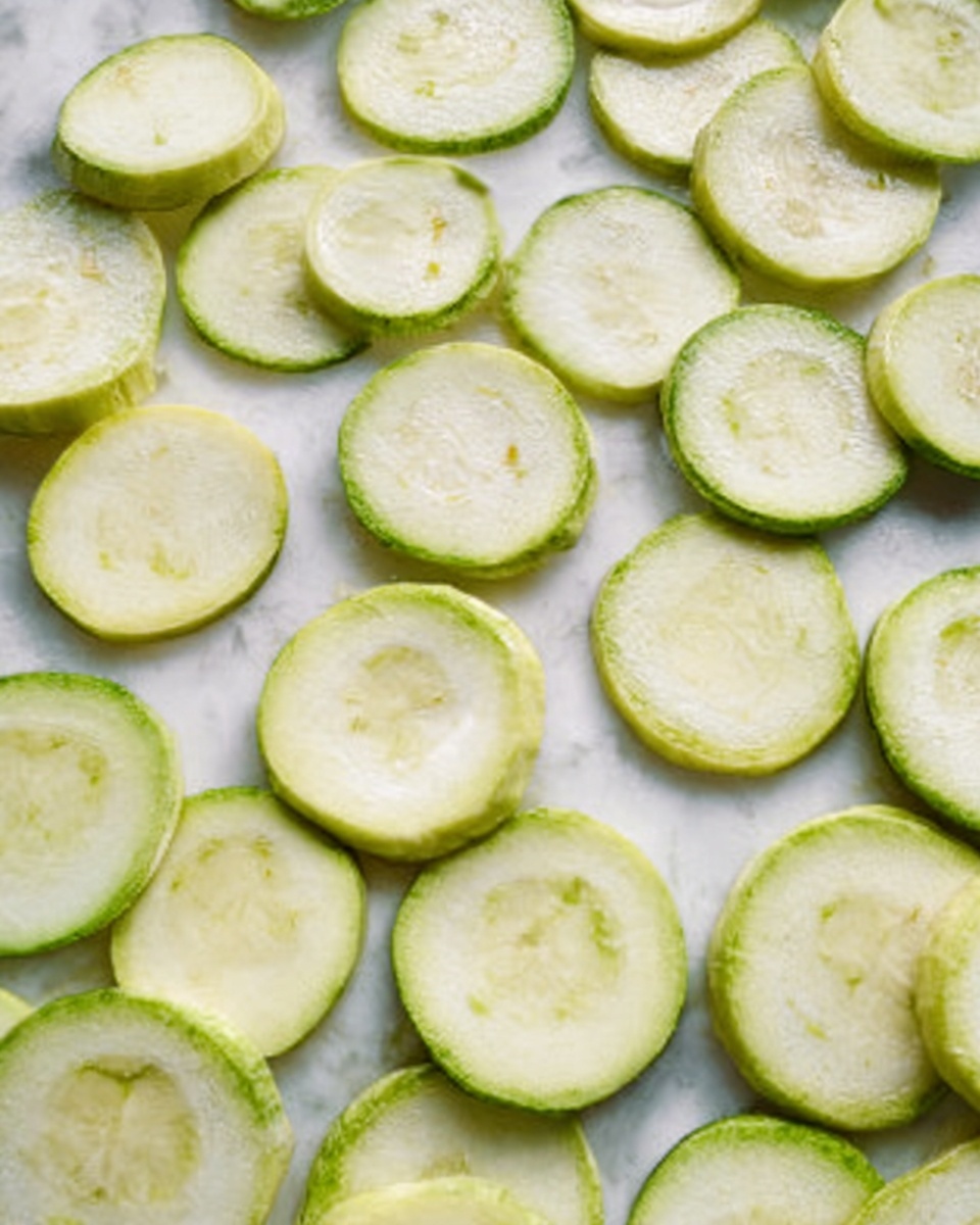 The image shows many thin, round slices of pale green zucchini spread out evenly on a white marbled surface. Each slice is smooth and shiny, with a light green skin around the edges and a soft, almost translucent center where the seeds are faintly visible. The slices are laid flat, spaced apart in neat rows, creating a clean, fresh look. The overall color palette is light green and white, giving a fresh and healthy feel to the scene. Photo taken with an iphone --ar 4:5 --v 7
