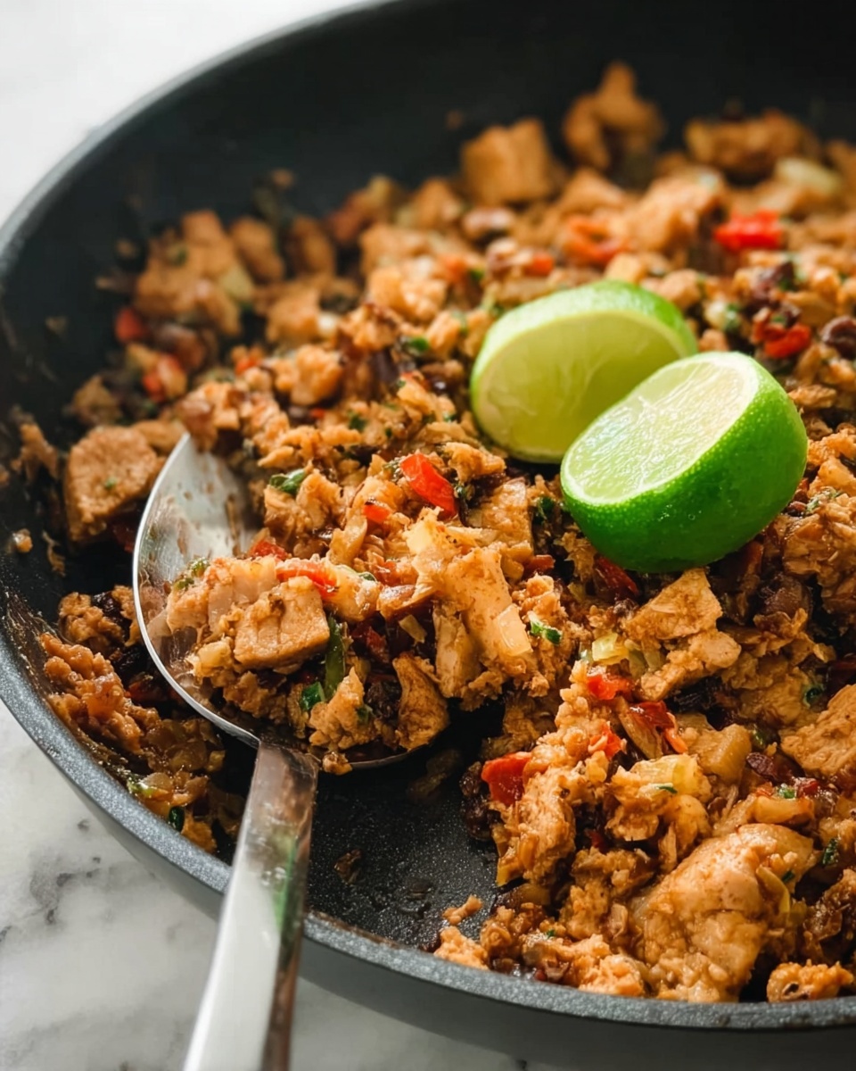 A close-up view of a dark skillet filled with cooked pieces of light brown and tan textured food mixed with small bits of red and green, showing a slightly moist and chunky look. Two bright green lime halves rest on top toward the right side of the skillet, adding a fresh and colorful contrast. A silver spoon is partly in the skillet scooping some of the food, visible in the lower middle of the image. The scene is set on a white marbled surface. Photo taken with an iphone --ar 4:5 --v 7