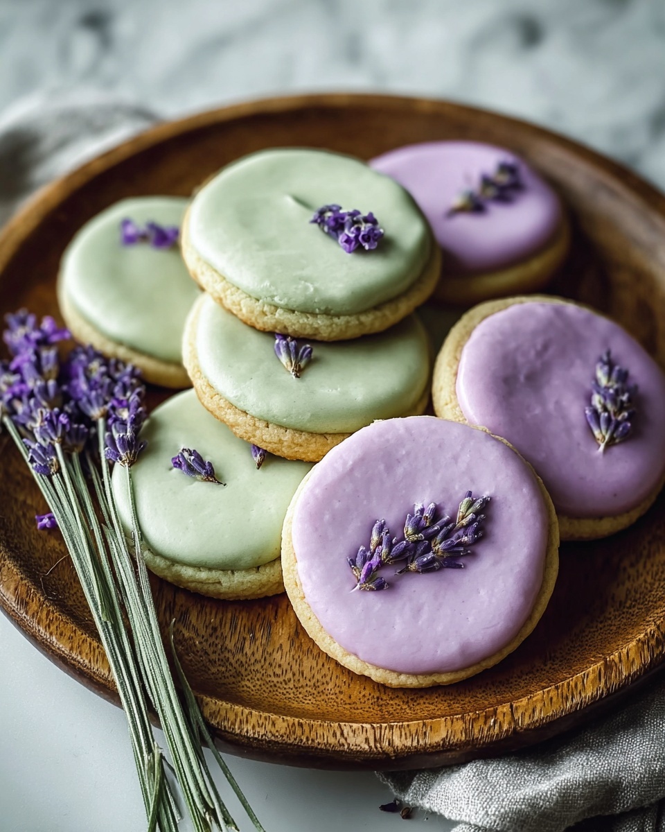 The image shows a wooden plate holding eight round cookies arranged in a small pile. Each cookie has two layers: a light green cookie base with a smooth pale green icing on top. Three cookies are decorated with small sprigs of purple lavender flowers laying flat on the icing, while two cookies at the back have a pale purple smooth icing layer instead of green. On the left side of the plate, there are a few fresh purple lavender stems resting against the cookies. The wooden plate sits on a white marbled surface. photo taken with an iphone --ar 4:5 --v 7