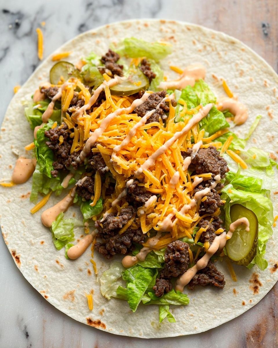 A soft white tortilla lays flat topped with bright green shredded lettuce as the first layer. On top of that, there is a spread of dark brown cooked ground beef pieces unevenly scattered. Over the beef, there are thin slices of green pickles adding a fresh touch. A drizzle of light creamy sauce with an orange tint runs along the middle. The entire dish is sprinkled with shredded cheese in two colors, orange and pale yellow, giving a mix of textures and colors. The setup rests on a white marbled surface. photo taken with an iphone --ar 4:5 --v 7