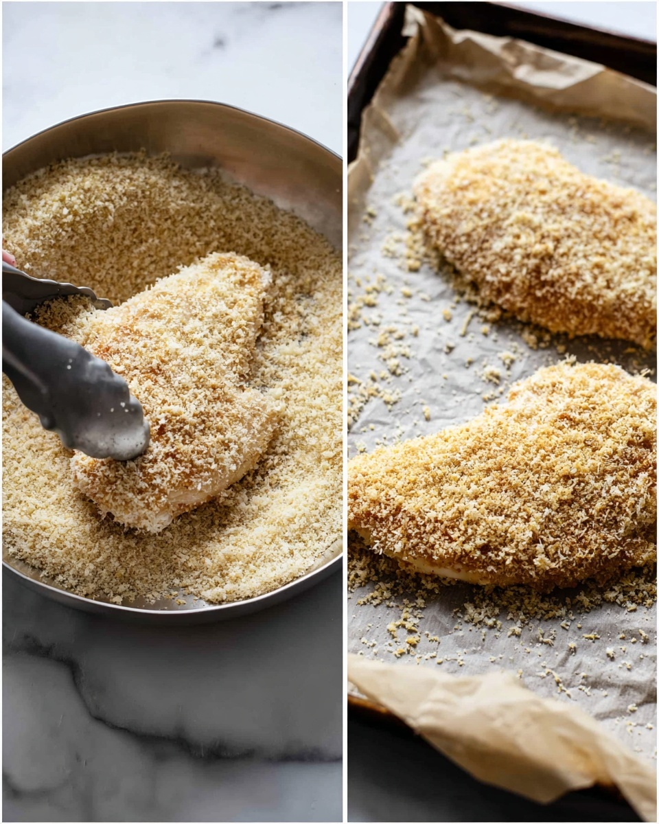 The image shows two views of chicken pieces being coated with bread crumbs. On the left, a woman's hand with tongs holds a piece of chicken covered in light beige bread crumbs inside a bowl filled with more bread crumbs. The chicken layer is thick and rough in texture. On the right, there are two breaded chicken pieces lying on parchment paper on a baking tray, with the bread crumbs lightly covering the chicken and some crumbs scattered around. The background is a white marbled texture. photo taken with an iphone --ar 4:5 --v 7