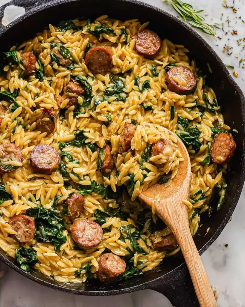 Easy Creamy Chicken Sausage Orzo Skillet Recipe