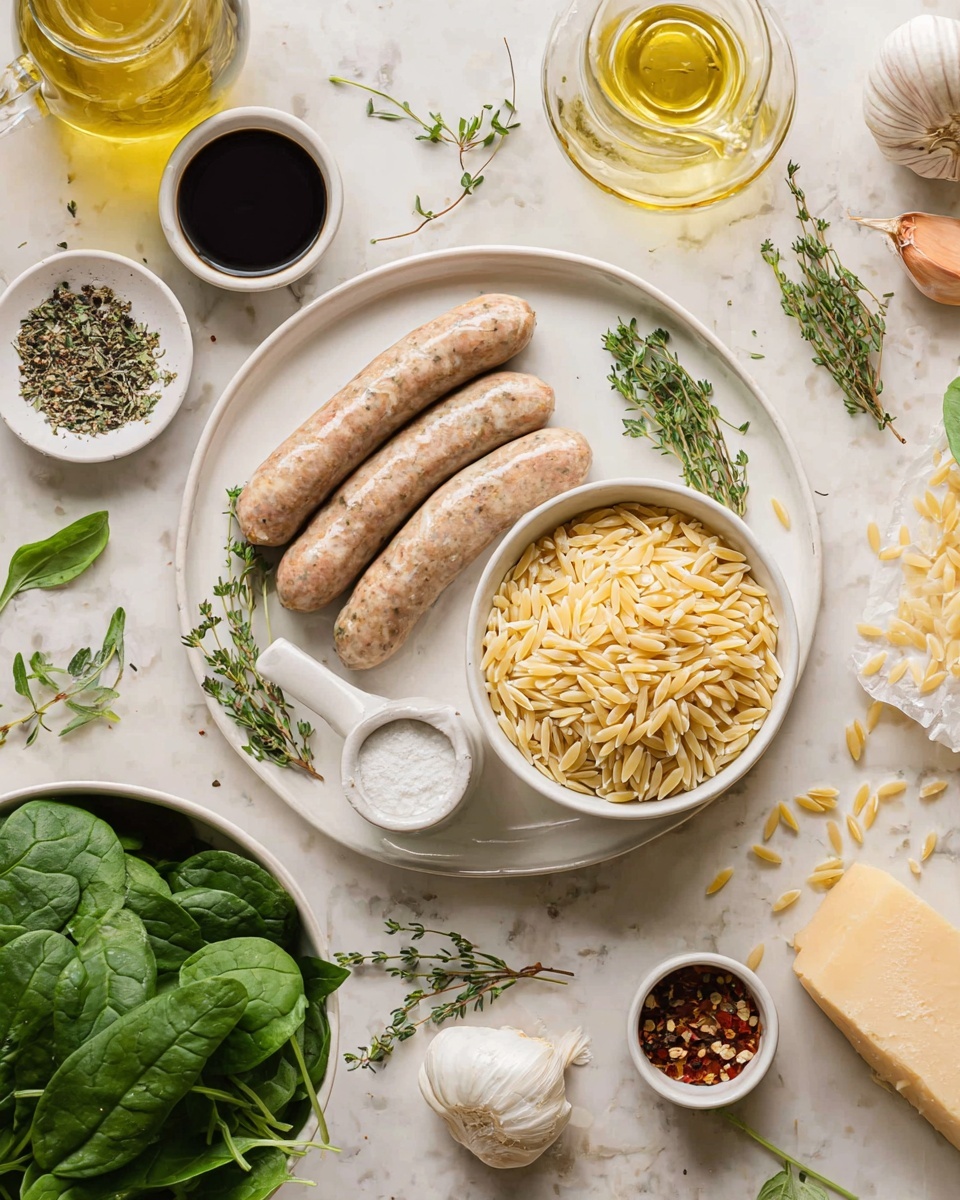 The image shows a white plate with three uncooked sausages arranged diagonally from top left to bottom right, with a few fresh green spinach leaves and small sprigs of thyme placed around them. On the bottom right part of the plate, there is a bowl filled with dry orzo pasta, light yellow and oval-shaped, with a small white scoop resting on top. Next to the sausages on the left side of the plate is a small container filled with dark soy sauce. Surrounding the plate on a white marbled surface are various ingredients: a white bowl filled with fresh green spinach leaves at the bottom left, a white small dish with black pepper in the shape of a flower near the bottom centre, a white small bowl of red pepper flakes with a golden spoon near the top right, assorted sprigs of fresh herbs, a glass container of yellow oil, a metal spoon with light powder, garlic bulbs, small pieces of cheese on a white plate, and a small glass jug with white liquid. Photo taken with an iphone --ar 4:5 --v 7