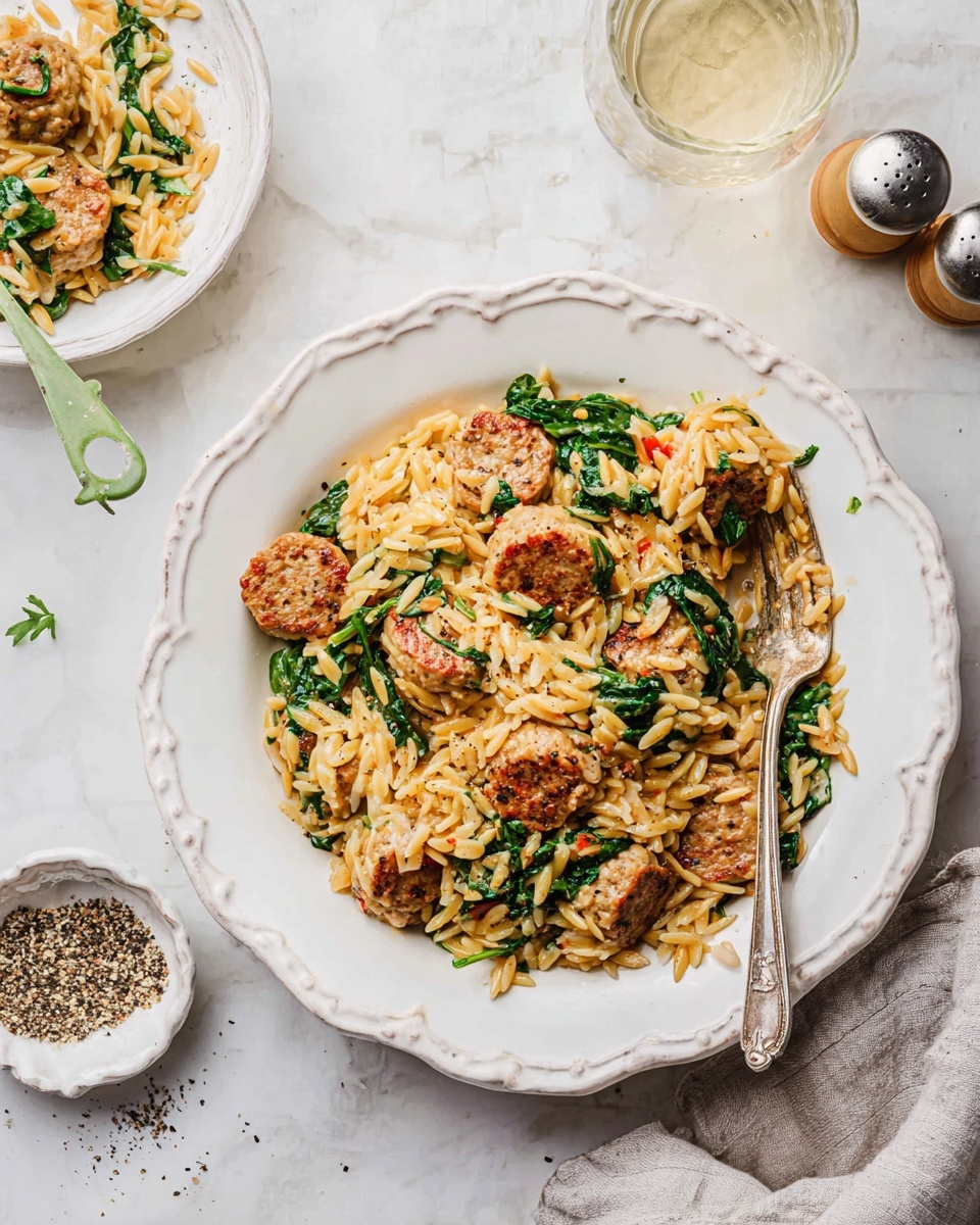 The image shows a white scalloped-edged plate filled with a warm orzo pasta dish mixed with slices of browned sausage and fresh green spinach leaves. The orzo is golden and looks soft, while the sausage pieces are round and have a light brown, slightly crispy exterior. A silver fork is placed inside the plate on the right side with some orzo on it. The plate is set on a white marbled surface along with a small white scalloped dish of coarsely ground black pepper below it, a clear glass of light-colored liquid to the upper left, and a pepper shaker near the top center. A crumpled light gray cloth napkin sits at the bottom right corner. photo taken with an iphone --ar 4:5 --v 7