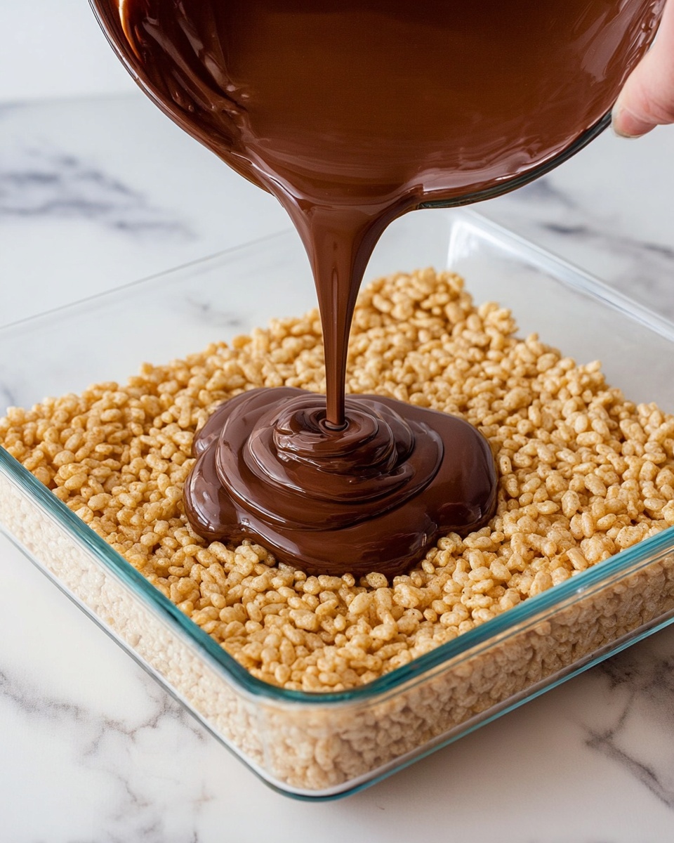 A clear glass square dish sits on a white marbled surface, filled with a single thick layer of golden, crispy rice cereal pieces tightly packed together. Above it, a woman's hand is holding a glass bowl from which smooth, dark chocolate is being poured in a thick stream directly onto the center of the cereal layer. The chocolate spreads slowly, shiny and liquid, creating a rich, dark brown pool contrasting with the light tan rice base. photo taken with an iphone --ar 4:5 --v 7