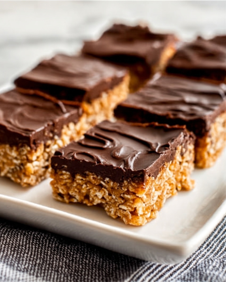 The image shows several square granola bars arranged in a row on a white rectangular plate set on a white marbled surface with a dark striped cloth partly visible. Each granola bar has a thick bottom layer that looks crunchy and golden brown with visible oats and crispy pieces. On top of this bottom layer is a thick, smooth, dark chocolate layer that glistens slightly and has gentle swirls on the surface. The bars are aligned with one close-up bar in the front and others gradually fading into the background, creating a sense of depth. The lighting highlights the texture of both layers and casts soft shadows. Photo taken with an iphone --ar 4:5 --v 7