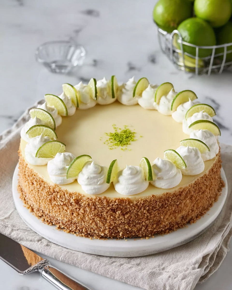 A round cake with three main layers sits on a white plate over a beige cloth on a white marbled surface. The base layer is a thick, crumbly light brown crust that wraps fully around the sides. The middle layer is smooth, creamy, and pale yellow, topped with a ring of white whipped cream dollops evenly spaced along the edge. Each cream dollop holds a small, bright green lime wedge. In the center of the cake, there is a small sprinkle of finely grated lime zest. A wire basket with green limes and a silver knife and cake server are placed nearby. Photo taken with an iphone --ar 4:5 --v 7