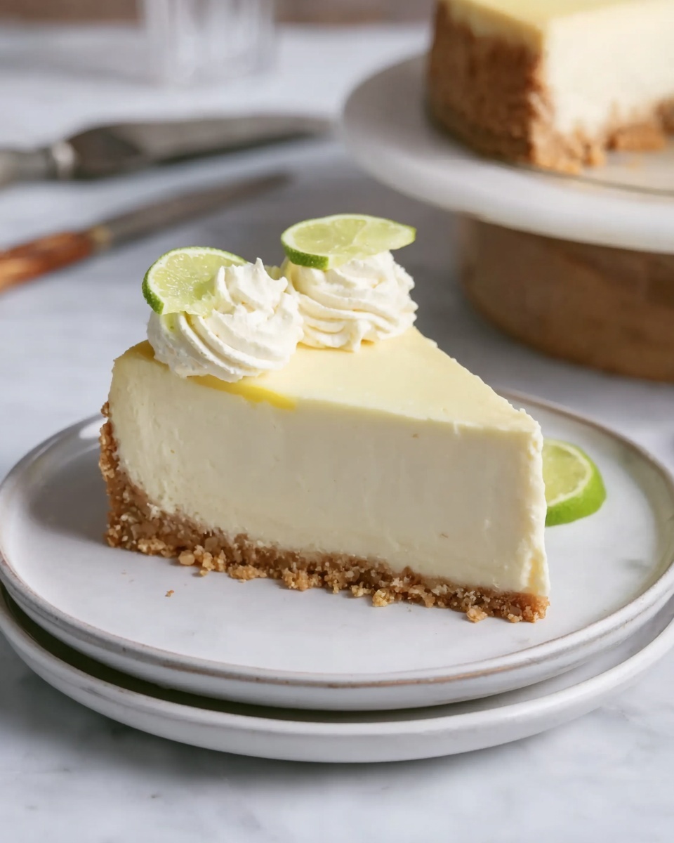 A slice of cheesecake sits on a white plate with a slightly raised edge, showing three distinct layers: a thick, smooth cream-colored middle layer, a thin pale yellow layer on top, and a crumbly light brown crust at the bottom. On the top layer, there are two small swirls of white cream, each topped with a small lime wedge. The plate is placed on another white plate and rests on a white marbled surface. In the background, a blurred knife and fork lie on the white marbled surface, and part of the remaining cheesecake on a stand is visible. Photo taken with an iphone --ar 4:5 --v 7