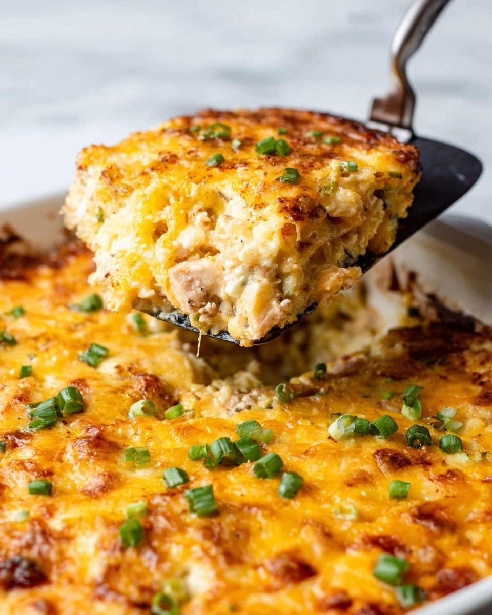 A close-up view of a golden-brown baked casserole being lifted by a large spatula, showing a creamy, cheesy texture with small pieces of chicken and melted cheese on top, sprinkled with chopped green onions. The casserole is in a white baking dish filled with a thick layer of mixed ingredients beneath the golden melted cheese. The background features a white marbled surface and the casserole looks rich and warm, with the cheese slightly browned and bubbling photo taken with an iphone --ar 4:5 --v 7