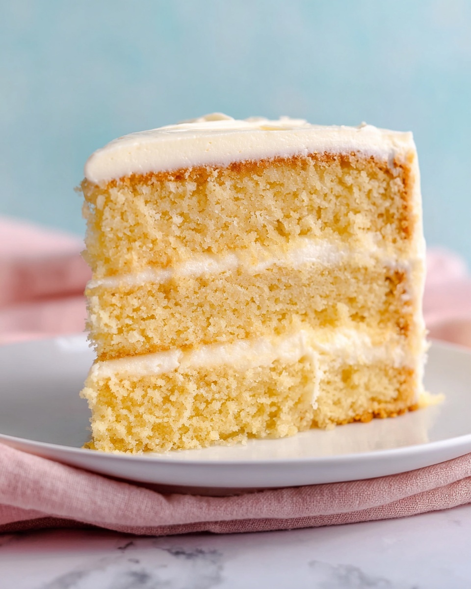 The image shows a close-up view of a slice of layered cake on a white plate. The cake has three thick layers of light golden yellow sponge with a soft, crumbly texture. Between each sponge layer, there is a smooth, creamy white frosting layer of medium thickness. The top layer is also covered with the same white frosting, creating a neat finish. The background is a soft blue color, and the plate is placed on a pale pink cloth, all set on a white marbled surface. photo taken with an iphone --ar 4:5 --v 7