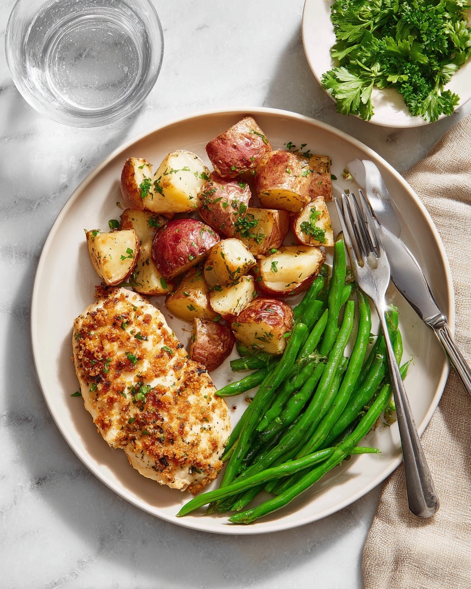 A white round plate holds three main layers: a piece of golden-brown crusted chicken on the left, a pile of light brown roasted potato chunks with red skins sprinkled with green herbs on the top right, and a neat serving of bright green cooked green beans at the bottom right. A silver knife and fork are placed on the right edge of the plate, resting on the white marbled textured surface. Behind, a clear glass of water casts a soft shadow, and a small white dish with fresh green parsley sits to the upper right. photo taken with an iphone --ar 4:5 --v 7