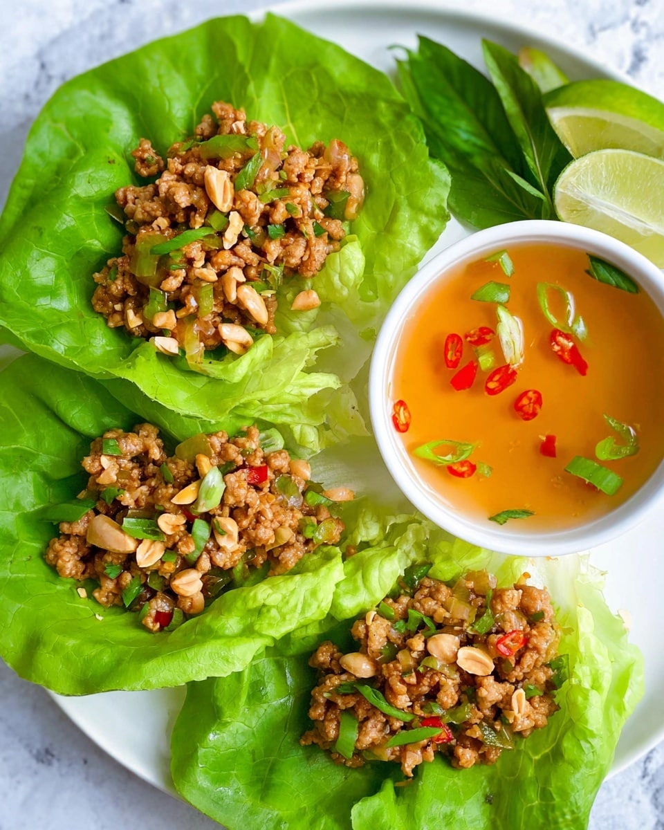 The image shows three lettuce wraps arranged on a white plate with a white marbled background. Each wrap uses a large green leaf of lettuce as the base, which is vibrant and fresh with visible veins and a soft texture. On top of each leaf is a layer of cooked minced meat mixed with small pieces of diced vegetables, including green and red bits, giving it a slightly chunky, moist texture. Small chopped peanuts are sprinkled on top, adding a crunchy texture and light brown color contrast. Next to the wraps is a small white bowl filled with an amber dipping sauce, garnished with thinly sliced green onions and tiny red chili pieces. A wedge of lime is partially visible on the edge of the plate. The colors are bright and fresh, with a clean, natural look. photo taken with an iphone --ar 4:5 --v 7