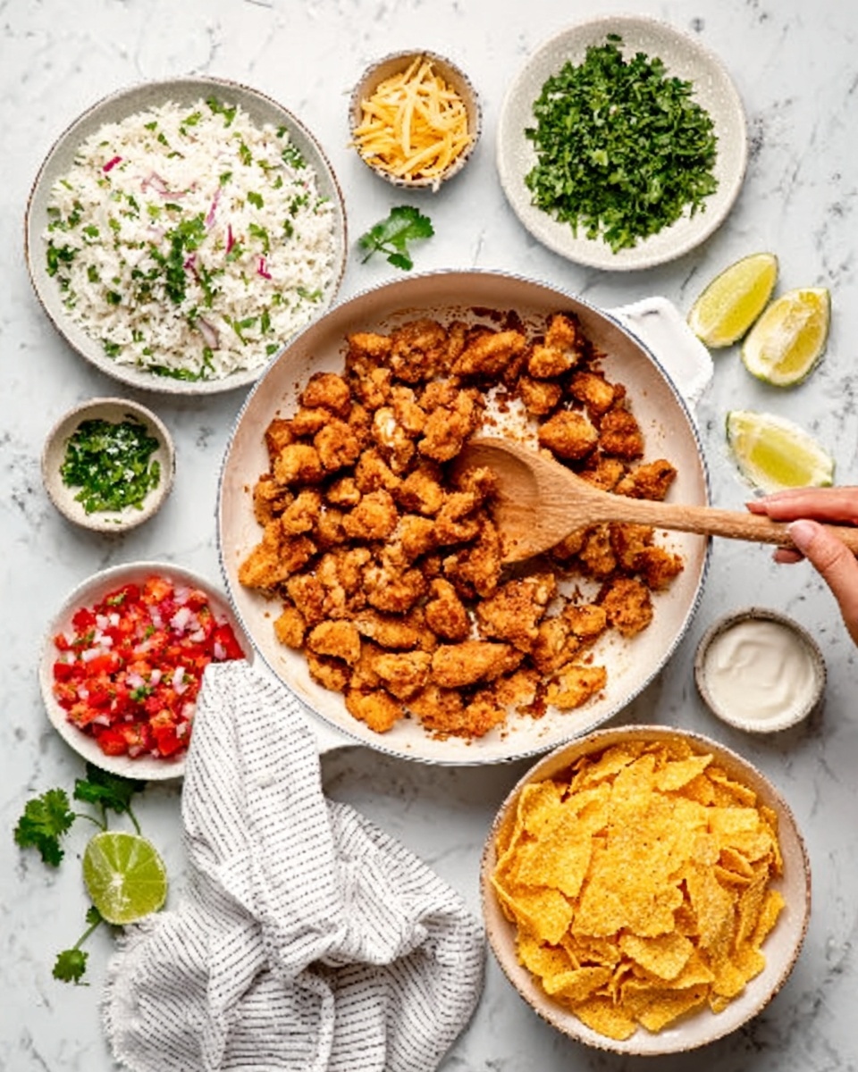 The image shows a white skillet filled with small, crispy, golden-brown chicken pieces being stirred with a wooden spoon by a woman's hand. Around the skillet are several small white bowls with different colorful ingredients: chopped fresh green herbs, finely diced red tomatoes, a white rice dish with green herbs and lemon wedges, and a bowl of crushed yellow corn chips. There is also a small bowl of white sauce. The setting features a white marbled surface with a light striped cloth nearby. photo taken with an iphone --ar 4:5 --v 7