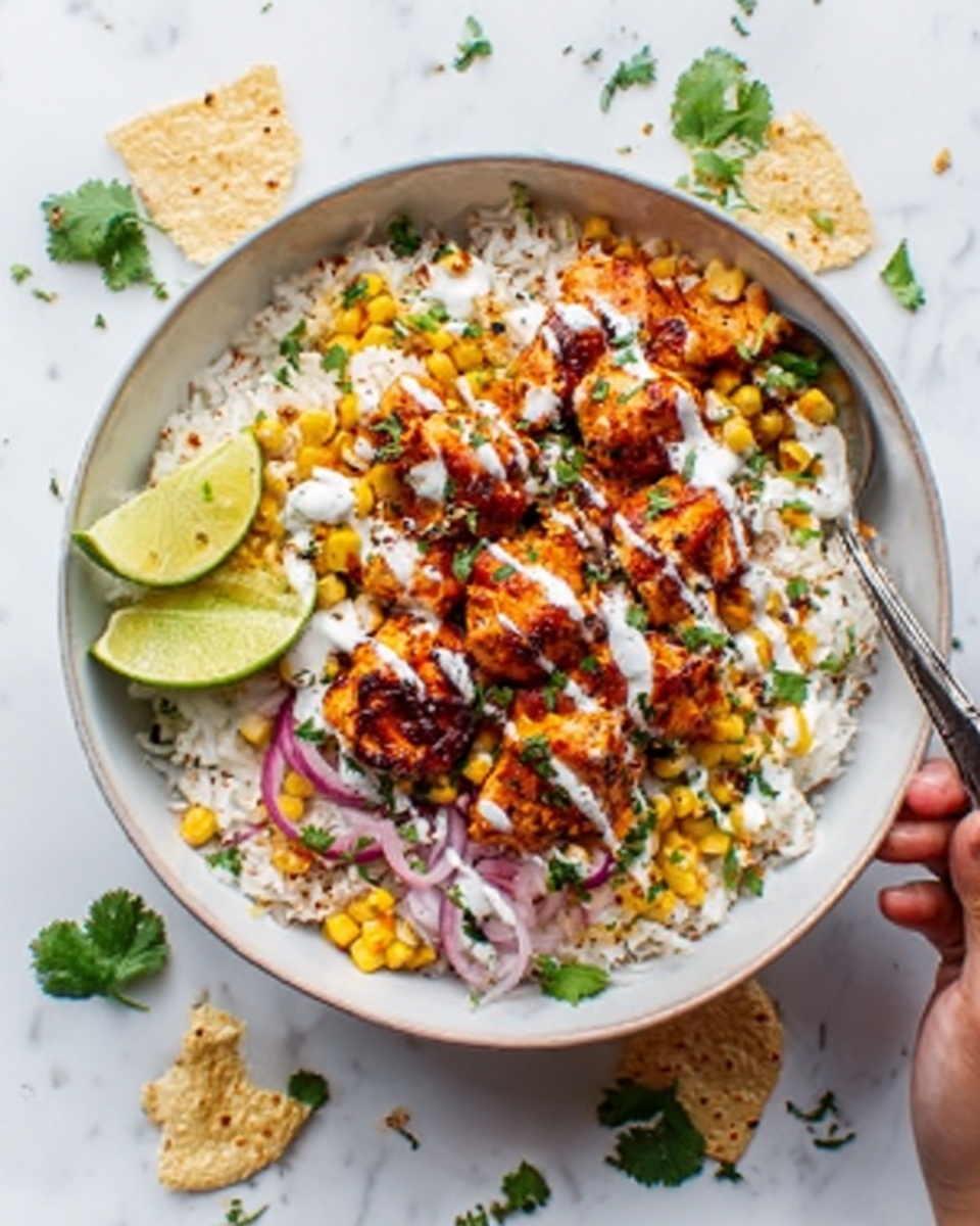The dish shows a white bowl filled with a colorful layered meal. The bottom layer looks like white rice. On top of the rice, there are pieces of cooked orange chicken with a slightly charred look. Scattered yellow corn adds brightness. Thin slices of red onion are mixed in, giving a touch of purple. White sauce is drizzled over the chicken and rice. Lime wedges are placed on the side inside the bowl. The bowl sits on a white marbled surface, with small green cilantro leaves and scattered pieces of beige tortilla near it. A woman's hand is holding a spoon inside the bowl. photo taken with an iphone --ar 4:5 --v 7