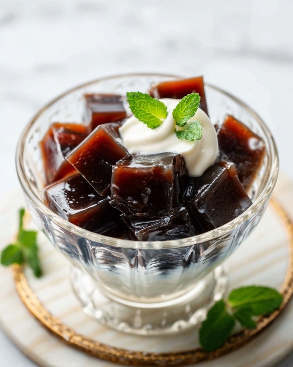 A clear glass bowl filled with dark brown jelly cubes, some shining with a smooth texture, layered over a layer of milky white cream at the bottom. A small dollop of thick white cream sits on one side of the jelly, topped with two small fresh green mint leaves. The bowl is placed on a white marbled surface with soft natural light enhancing the glossy look of the jelly and the cream. Photo taken with an iphone --ar 4:5 --v 7
