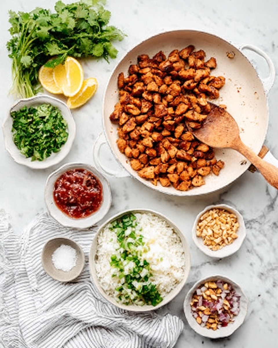 The image shows a white frying pan filled with small, browned pieces of cooked chicken in the top right area, with a wooden spoon resting inside the pan. Below and to the left of the pan is a white bowl with white rice mixed with green herbs and lemon slices on the side. Surrounding these main items are smaller white bowls containing red salsa, crushed nuts, fresh chopped green herbs, and white salt. In the top left area, there is a pile of fresh green cilantro and lemon wedges resting on a white striped cloth. The whole setup is placed on a white marbled surface. Photo taken with an iphone --ar 4:5 --v 7