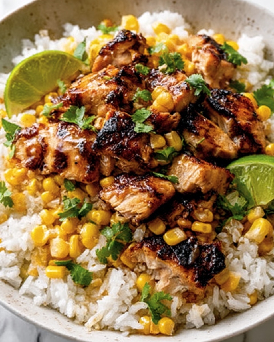 The image shows a white plate filled with cooked white rice at the bottom layer. On top of the rice are pieces of grilled chicken with a browned and slightly charred surface, showing grill marks and a juicy texture. Scattered over the chicken and rice are bright yellow corn kernels and small green cilantro leaves, adding color contrast. Two lime wedges with a green peel sit near the chicken, adding freshness to the plate. The whole dish is placed on a white marbled textured surface. Photo taken with an iphone --ar 4:5 --v 7