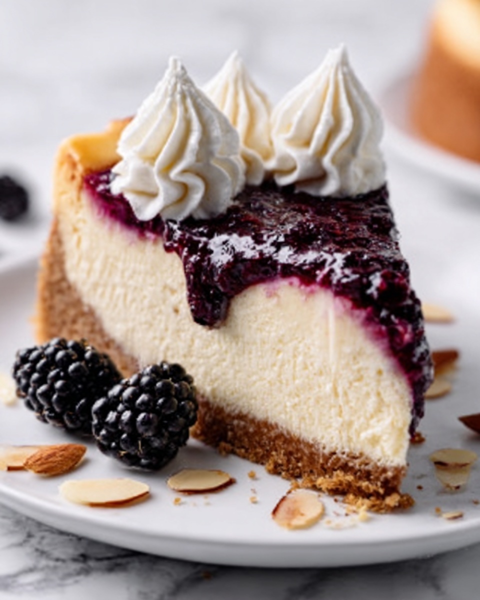 A slice of cheesecake with three visible layers sits on a white plate. The bottom layer is a light brown crumb crust, with a smooth, creamy off-white cheesecake layer in the middle. The top layer is a dark purple berry sauce, slightly dripping down one side. On top of the slice, there are three small swirls of white whipped cream. Next to the slice on the plate are two fresh blackberries and a few almond slices scattered around. The background is a soft, white marbled surface. photo taken with an iphone --ar 4:5 --v 7