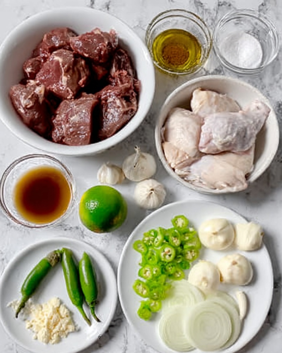 The image shows a white bowl on a white marbled surface filled with raw brown meat slices, next to another white bowl containing raw chicken pieces and three pieces of dark brown meat. Around the bowls, there are several small clear glass bowls with different ingredients, including a brown liquid, salt, and other spices. On the white marbled surface, there is a white plate holding a green lime, pale green bay leaves, and peeled garlic cloves. In the foreground, another white plate holds chopped green chilies, sliced garlic, two peeled white onions, and some grated garlic. Photo taken with an iphone --ar 4:5 --v 7