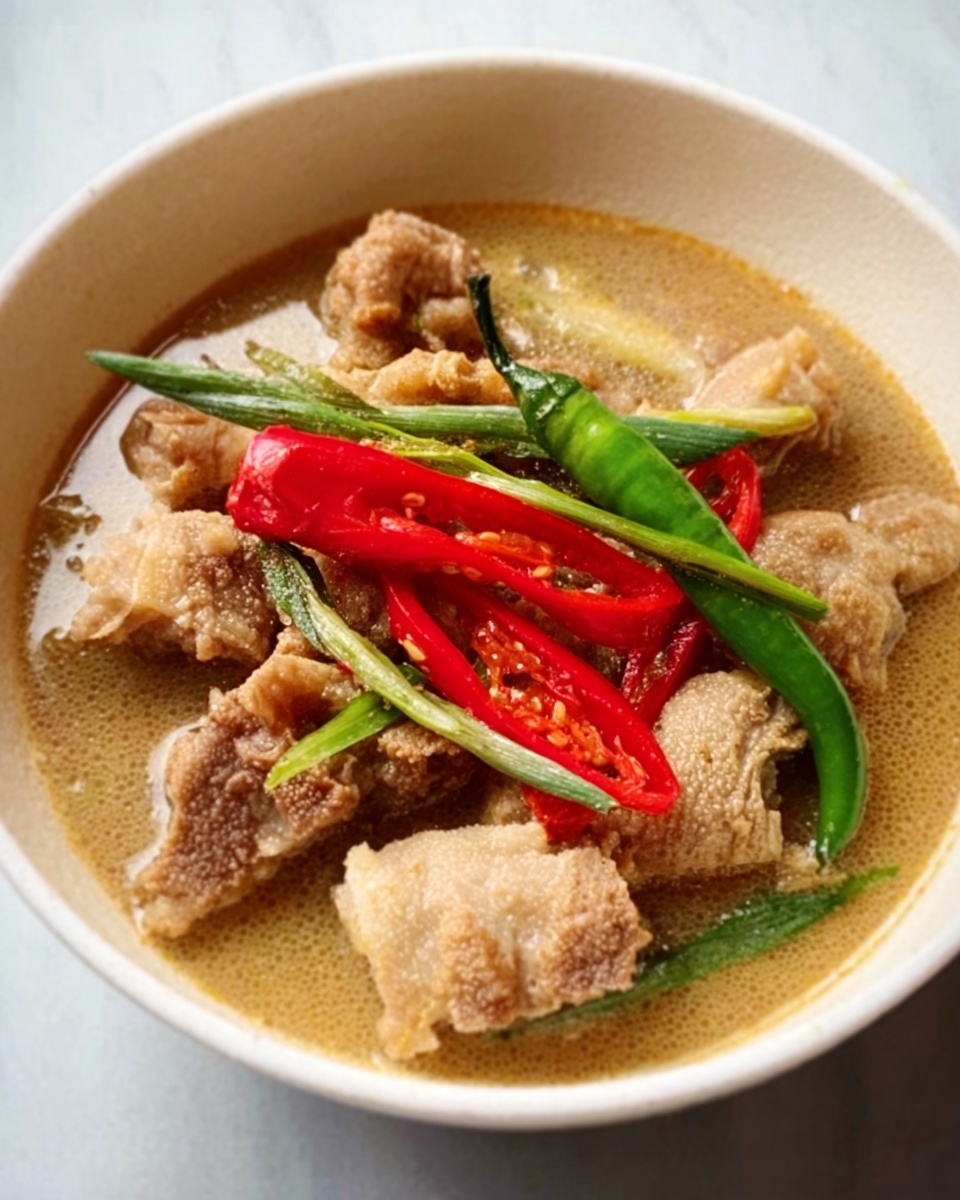 This image shows a white bowl filled with a light brown broth. Inside the broth, there are several pieces of tripe with a rough textured, creamy color. Three whole red chili peppers and one whole green chili pepper lie on top, adding bright red and green colors to the dish. Some green onion pieces are also visible, adding another layer of green. The bowl is set on a white marbled surface, creating a clean and simple background. photo taken with an iphone --ar 4:5 --v 7