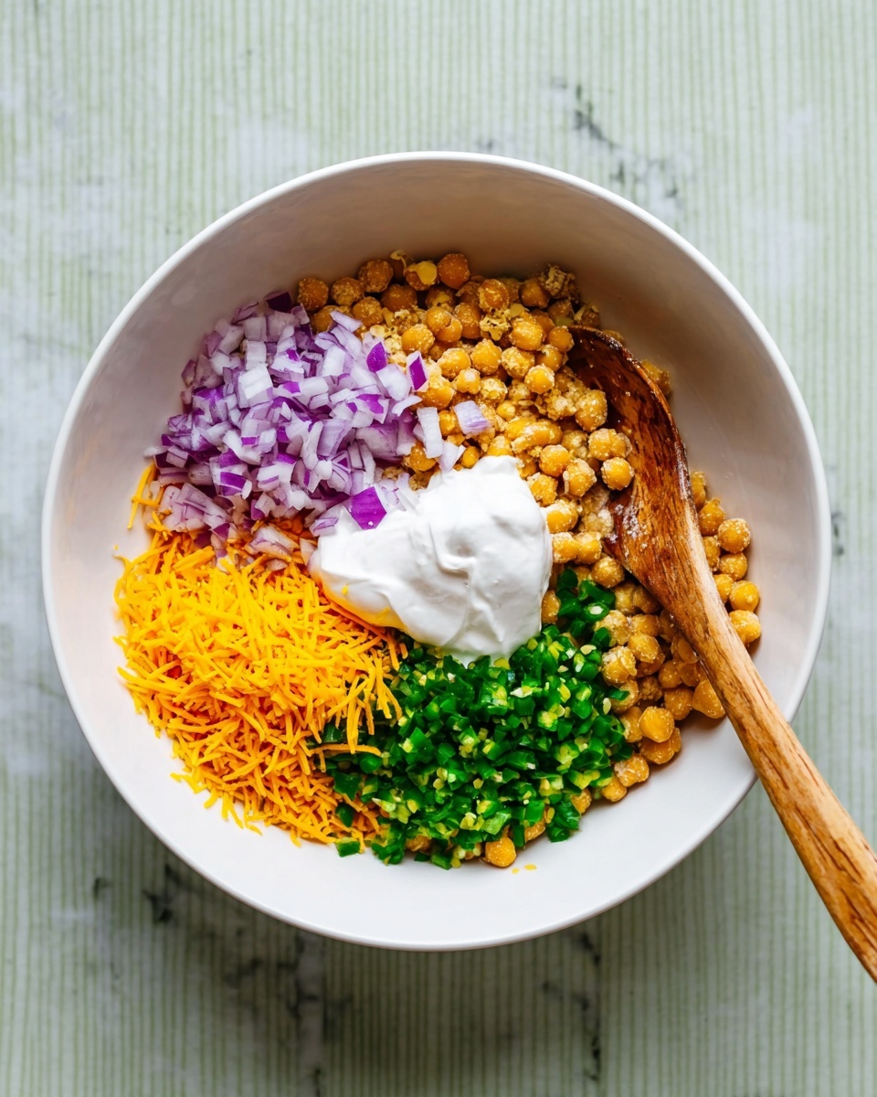 A white bowl holds five layers of ingredients visibly separated: a base layer of crushed golden chickpeas filling most of the bowl, topped with finely chopped purple onions on the left, bright orange shredded cheddar cheese next to the onions, and small diced green jalapeños below the onions and cheese; a dollop of white sour cream rests on top of the cheese. A wooden spoon with a slightly worn handle is placed inside the bowl on the right side, partially resting on the ingredients. The bowl sits on a white marbled surface. photo taken with an iphone --ar 4:5 --v 7
