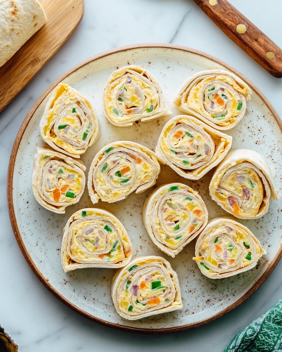 A white speckled plate sits on a white marbled surface, holding 11 rolled tortilla pinwheels sliced into small pieces. Each pinwheel has three visible layers: a pale yellow outer tortilla, a creamy light yellow middle spread with small bright green and orange vegetable pieces, and a darker, thin inner spiral. Two whole rolls remain on the plate, one slightly sliced by a wooden-handled knife resting nearby. The tortilla texture is soft and slightly browned in some parts. Photo taken with an iphone --ar 4:5 --v 7