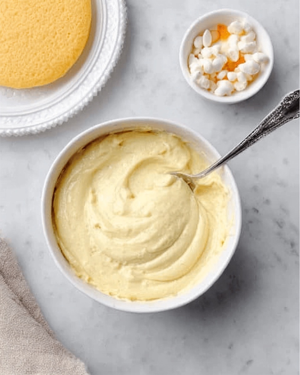 The image shows a white bowl filled with smooth and creamy yellowish batter or dough, with a spoon resting inside the bowl. Nearby, there is a small white bowl holding white and orange pieces, and a white plate with a beige or yellow round flat item on it. Everything is placed on a white marbled surface with a folded cloth visible in the bottom left corner. photo taken with an iphone --ar 4:5 --v 7