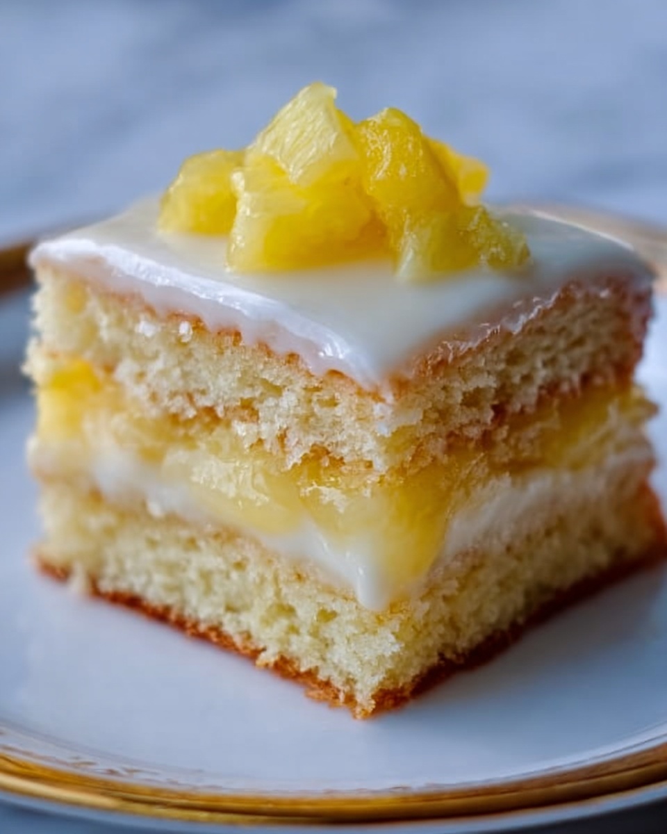 The image shows a close-up of a small square piece of layered cake on a white plate. The cake has three layers of light yellow sponge separated by thick creamy layers of pale yellow filling. On top of the cake is a smooth white icing with soft shine and a small pile of yellow fruit pieces, likely pineapple chunks, placed in the center. The cake looks moist and soft with a slightly shiny texture on the creamy filling. The background is a white marbled surface. Photo taken with an iphone --ar 4:5 --v 7