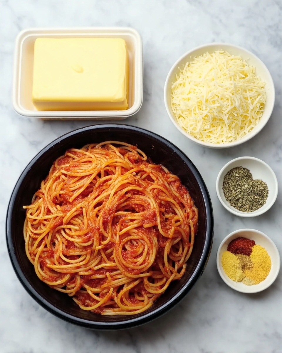 A black round bowl filled with a large serving of spaghetti mixed with red tomato sauce, with visible strands of spaghetti twisted and piled high. Around the bowl, there are four white bowls on a white marbled surface: one with grated yellow cheese, one with shredded white cheese, one with a yellow powder, and one containing herbs and spices in red, green, and beige colors. To the left, a white container holds a thick rectangular piece of pale yellow butter. Photo taken with an iphone --ar 4:5 --v 7