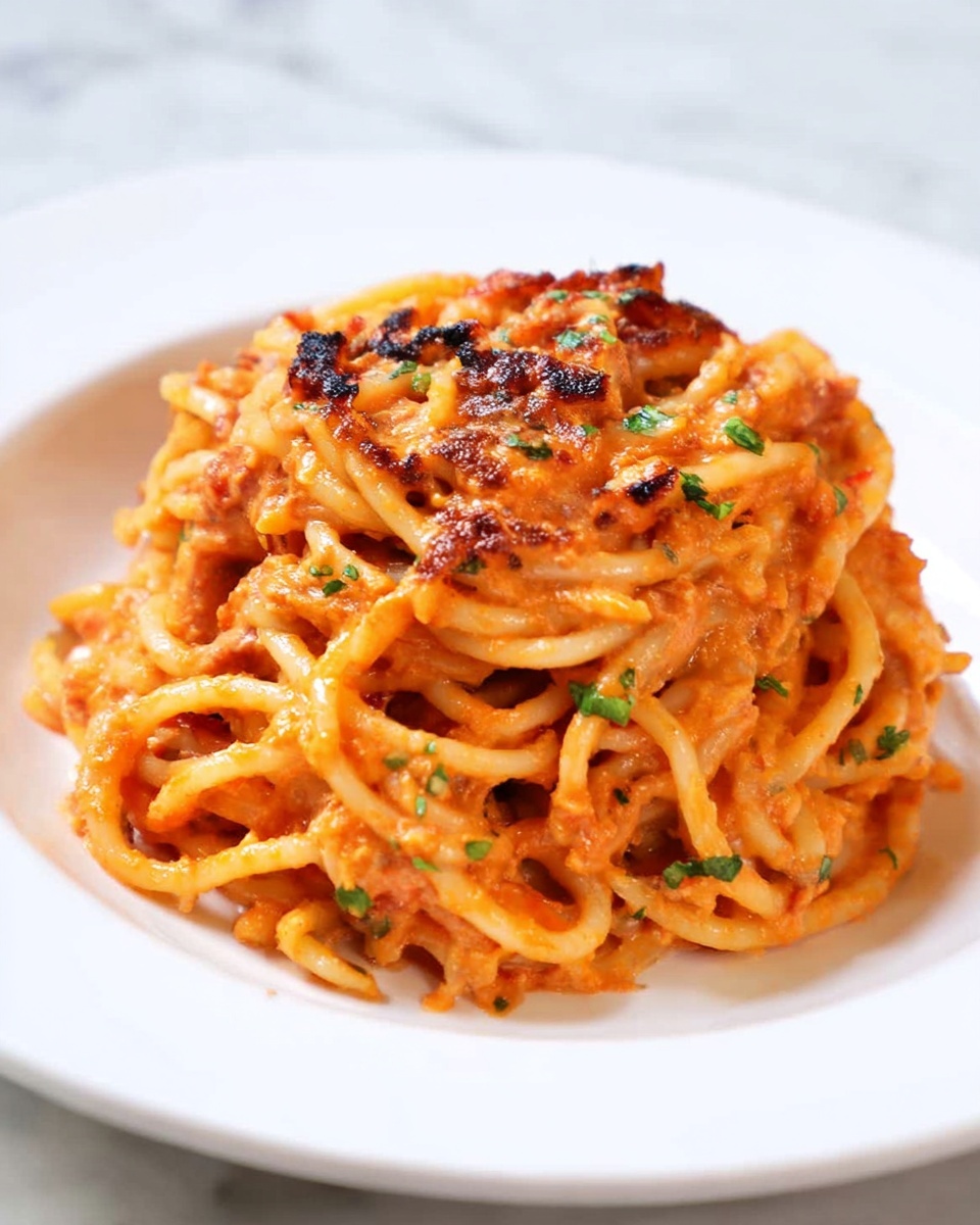 This image shows a white plate with one mound of spaghetti mixed with a creamy orange-red sauce. The top layer of the spaghetti has browned spots, showing that the sauce and pasta were baked or grilled, giving it a slightly crispy texture in some parts. Small bits of green herbs are sprinkled on and inside the pasta, adding some color contrast. The noodles are thick and coated evenly with the sauce, which is smooth and rich. The plate is placed on a white marbled surface photo taken with an iphone --ar 4:5 --v 7