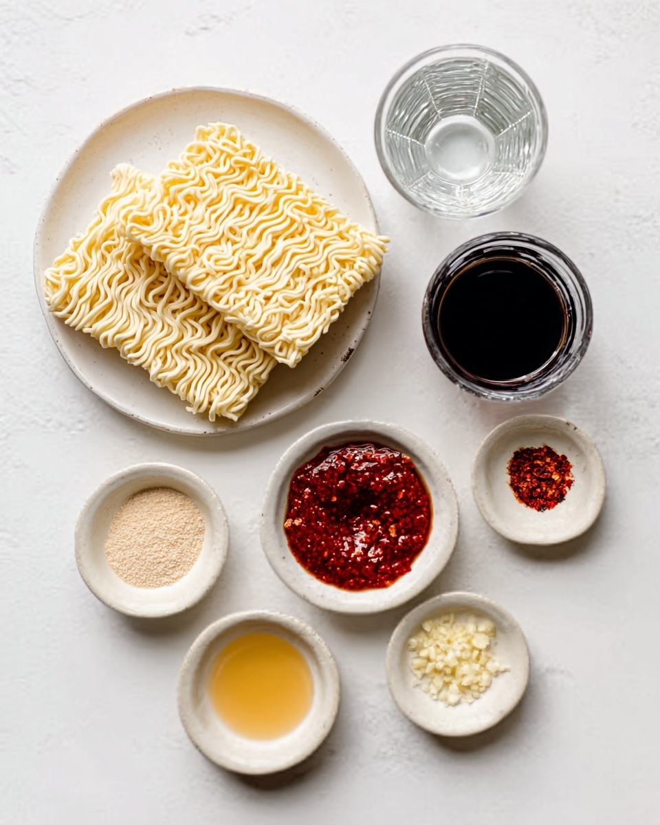 The image shows seven small white bowls and one white plate, all arranged on a white marbled surface. On the white plate at the top left are two blocks of uncooked ramen noodles, light yellow in color and textured with wavy lines. To the right of the plate, there is a glass of clear water and a glass of dark liquid, likely soy sauce. Below the glasses, there are five small white bowls arranged in a rough circle: one with light beige powder, one with bright red chili flakes, one with dark red sauce, one with light yellow liquid, and one with crushed garlic. The colors and textures contrast nicely against the white marbled surface. Photo taken with an iphone --ar 4:5 --v 7