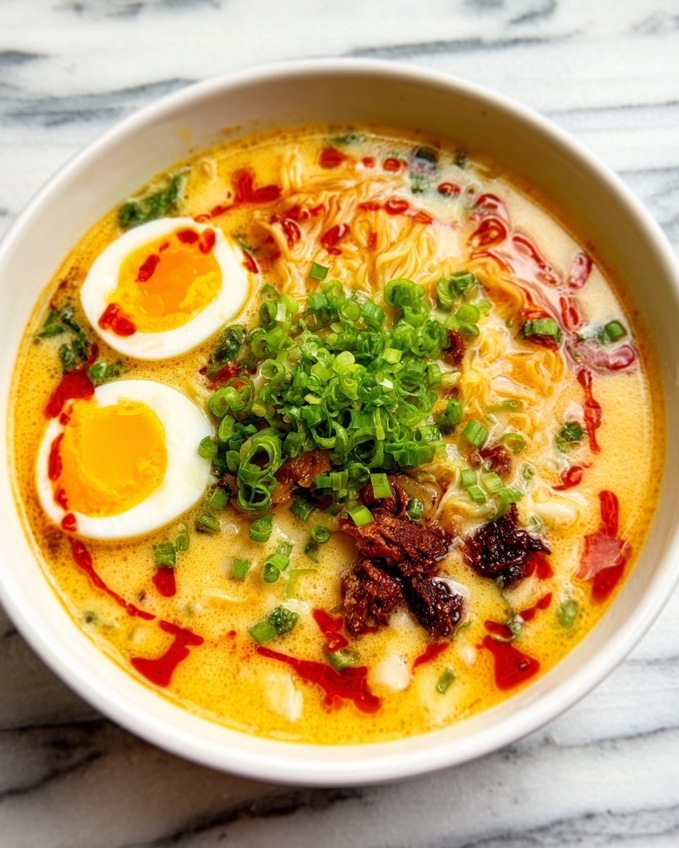 The image shows a bowl of creamy ramen soup placed on a white marbled surface. The bowl is white and filled with a yellowish broth mixed with red chili oil swirls on top. There are soft noodles submerged in the broth, with two halves of a boiled egg resting near the top edge. The eggs have bright yellow yolks and white edges. In the center, there is a pile of green chopped scallions, and some small bits of dark brown meat or seasoning are scattered around. The overall look of the dish is warm and inviting. Photo taken with an iphone --ar 4:5 --v 7