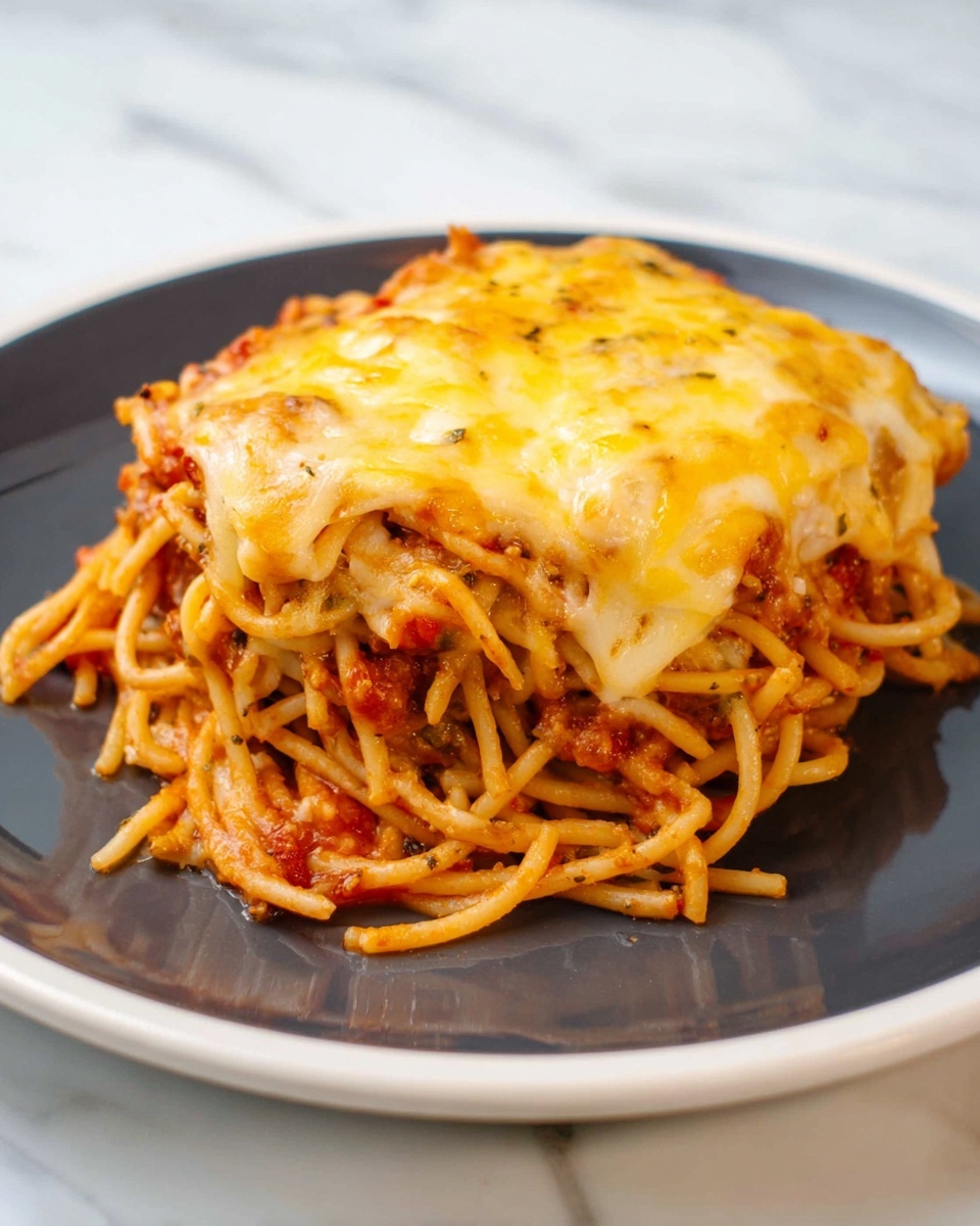 A serving of spaghetti layered in two main parts on a shiny white plate, the bottom layer is tangled light brown spaghetti mixed with red tomato sauce that has small bits of herbs and spices, on top is a thick layer of melted golden yellow cheese with a slightly browned surface that covers the pasta unevenly, showing some strands of spaghetti beneath, the plate is placed on a surface with a white marbled texture, photo taken with an iphone --ar 4:5 --v 7