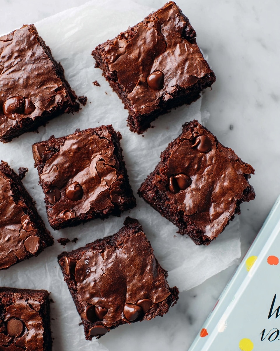 Seven square pieces of dark chocolate brownies are placed on white parchment paper over a white marbled surface. Each brownie has a cracked, shiny top layer with scattered chocolate chips embedded, giving a rich texture. The brownies appear thick and moist, with a soft interior just barely visible. In the bottom right corner, the edge of a light blue cookbook with colorful confetti dots is partially seen. photo taken with an iphone --ar 4:5 --v 7