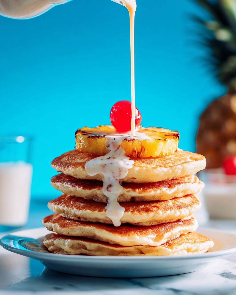 A stack of five golden-brown pancakes sits on a white plate on a white marbled surface. On the top pancake, there is a ring of grilled pineapple with a bright red cherry in the center. Light cream sauce is being poured over the pineapple and cherry, dripping down the sides of the pancakes. The background is a bright blue color with blurry elements including a pineapple and a glass of milk. Photo taken with an iphone --ar 4:5 --v 7